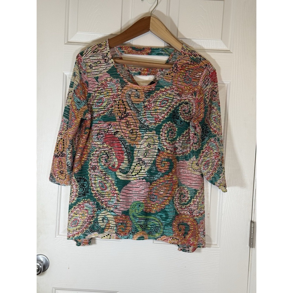 PXL New Directions Boho Paisley Colorful Blouse 3/4 Sleeve Spring Summer
